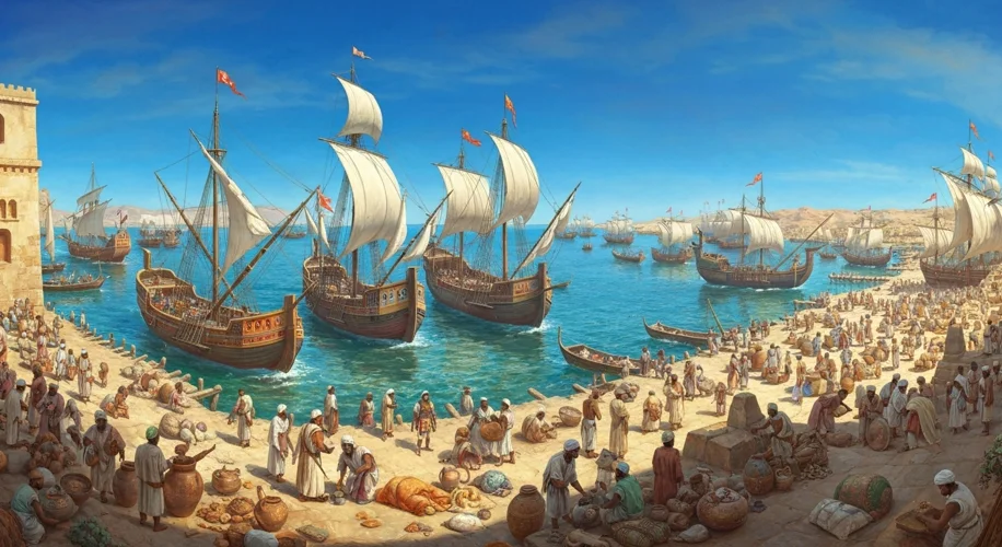 A depiction of the ancient Aksumite port of Adulis, bustling with ships of various designs from acro