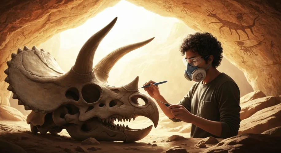 A paleontologist carefully brushes dirt away from a massive dinosaur femur fossil embedded in rock, 