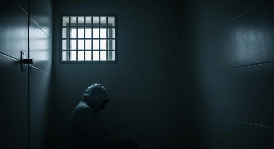 A stark, dimly lit detention cell with a single barred window, emphasizing the isolation and despair