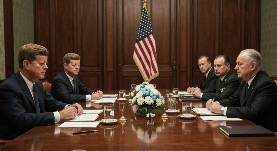 President John F. Kennedy and Premier Nikita Khrushchev meeting in Vienna, 1961, with a tense atmosp