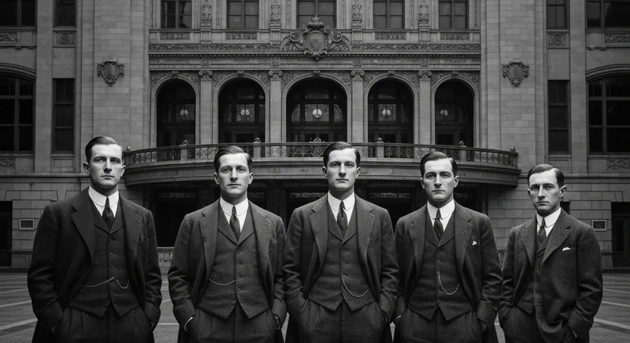A black and white photograph of the four Warner brothers: Harry, Albert, Sam, and Jack, standing pro