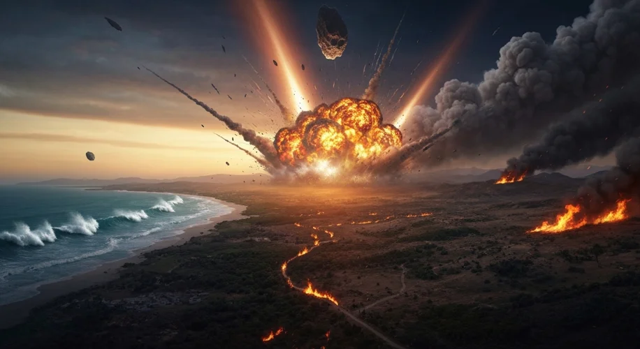A dramatic depiction of a large comet fragment impacting Earth, causing massive explosions, wildfire