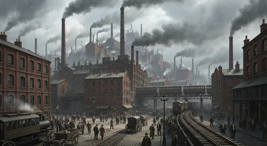 A bustling 19th-century industrial city, dominated by towering brick factories spewing smoke into a 