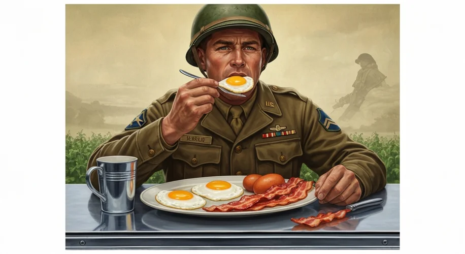 A World War II propaganda poster featuring a determined-looking soldier eating a hearty breakfast of