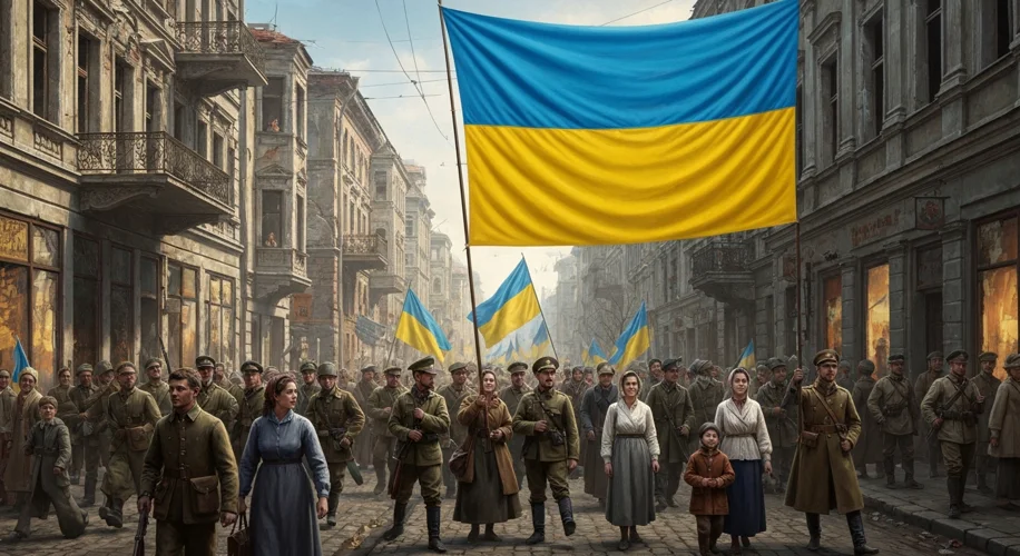 A bustling street scene in Kyiv, Ukraine, 1918. People in traditional Ukrainian clothing mingle with