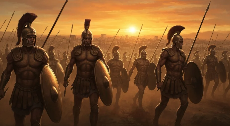A stylized illustration of ancient warriors, clad in bronze armor, marching towards a distant city u