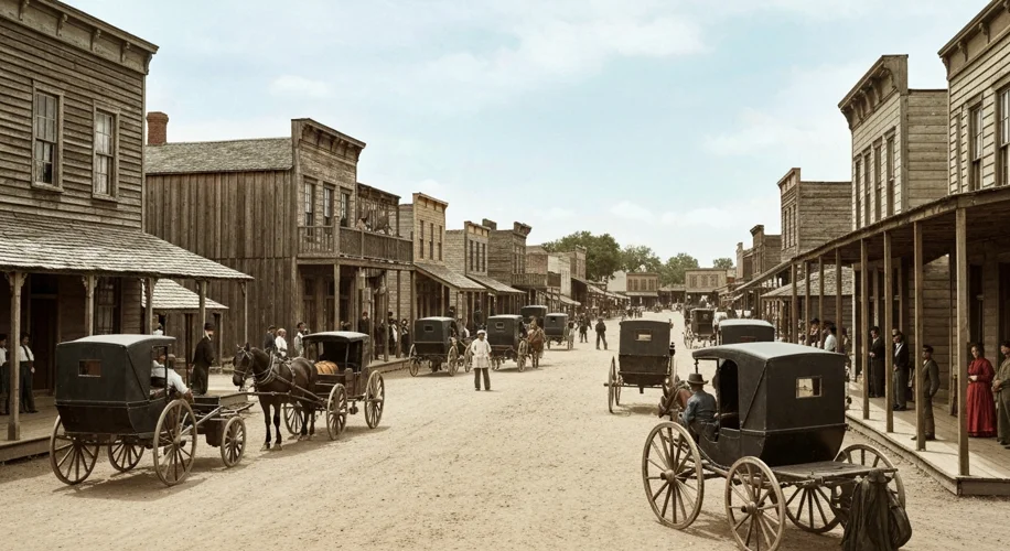 A vintage photograph of the Uvalde town square in the late 19th century, with wooden buildings, hors
