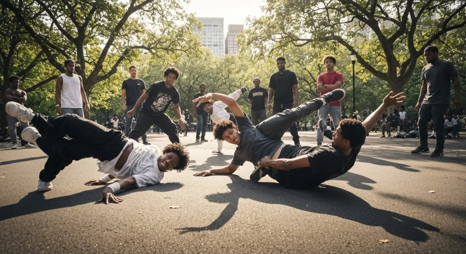 A diverse group of young people breakdancing in a city park, some mid-move with energetic expression