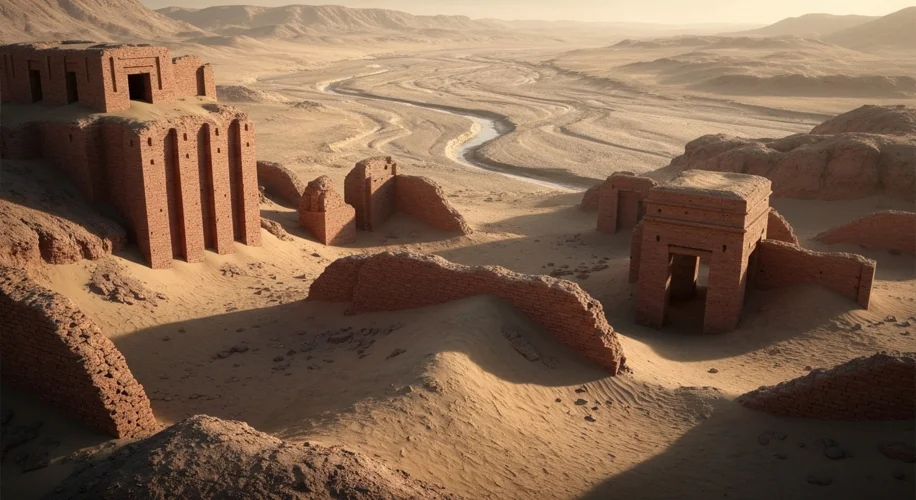 A desolate, windswept landscape showing the ruins of ancient brick structures, partially buried in s