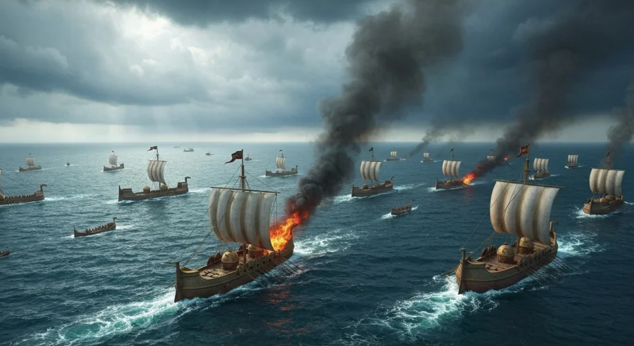 A dramatic aerial view of the Battle of Actium, showing numerous ancient Roman warships engaged in c