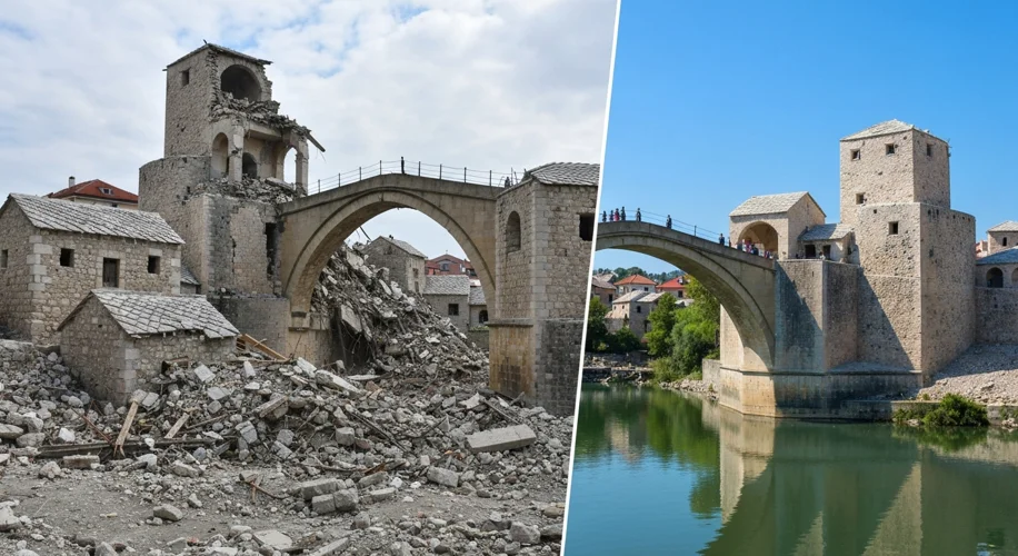 A split image: the left side shows the iconic Stari Most (Old Bridge) of Mostar in ruins, a symbol o