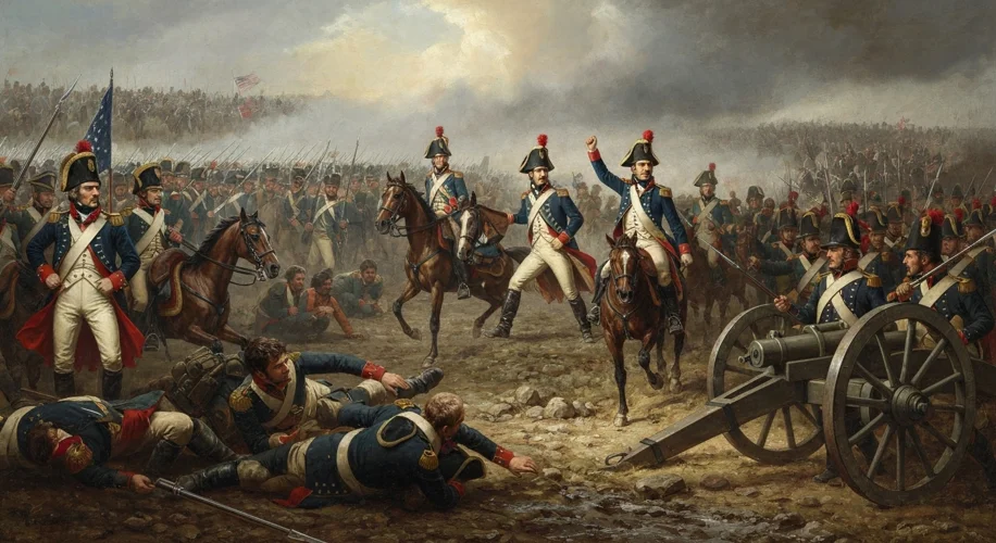 A dramatic painting of the Battle of New Orleans, showcasing Andrew Jackson leading American forces 