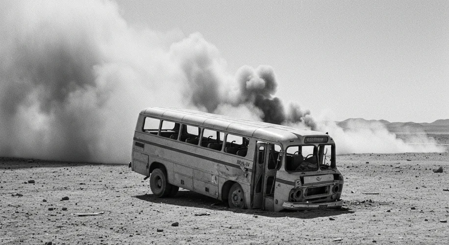 A grainy, black-and-white photograph from the 1960s showing a damaged bus in a dusty, arid landscape