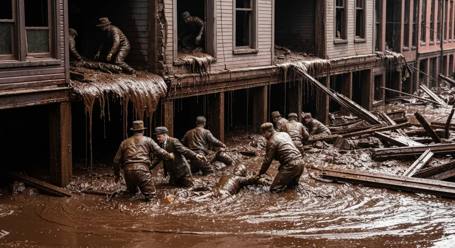 Rescuers in 1919 Boston wading through thick molasses to pull victims from the debris after the Grea