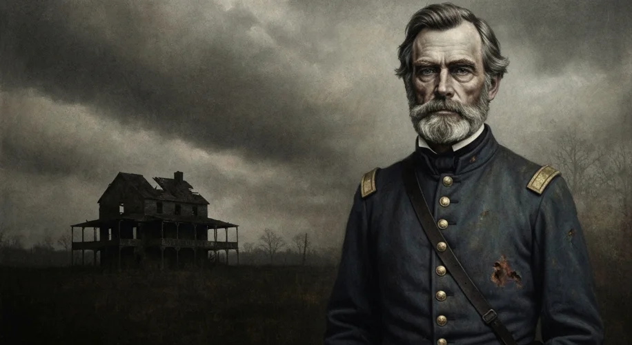 A somber depiction of Robert E. Lee, perhaps in his Confederate uniform, with a subtle hint of the h