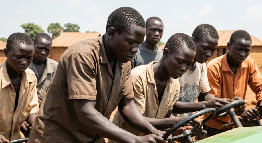 A group of former child soldiers from the LRA, now young adults, participating in a community reinte