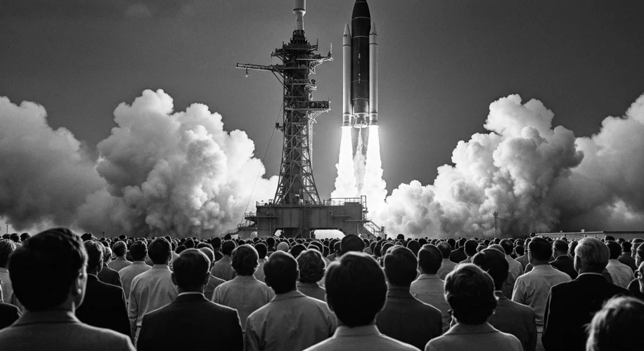 A black and white photograph shows a crowd of anxious faces watching a towering rocket on a launchpa