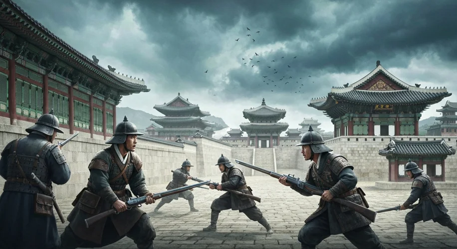 A tense scene depicting Chinese and Japanese soldiers facing each other in Korea, with a backdrop of