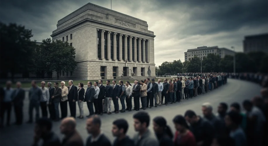 A newspaper headline reading "S&L CRISIS DEEPENS" with an image of a long line of worried depositors