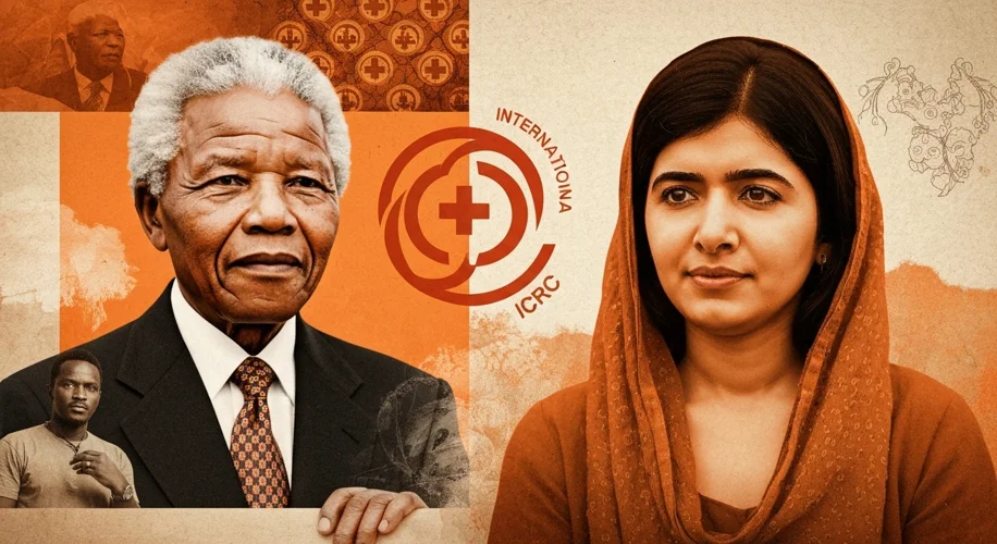 A collage of diverse Nobel Peace Prize laureates: Martin Luther King Jr., Nelson Mandela, Malala You