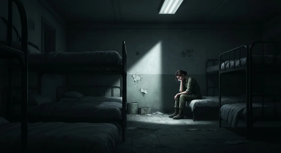 A somber, dimly lit military barracks interior at night, with a single beam of moonlight casting lon