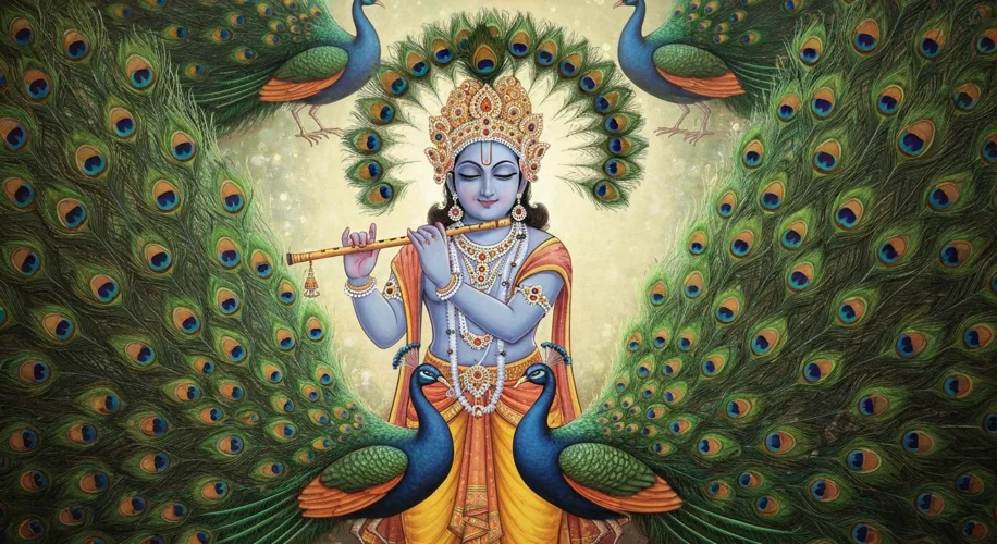 An ancient Indian manuscript illustration depicting Lord Krishna adorned with a peacock feather crow