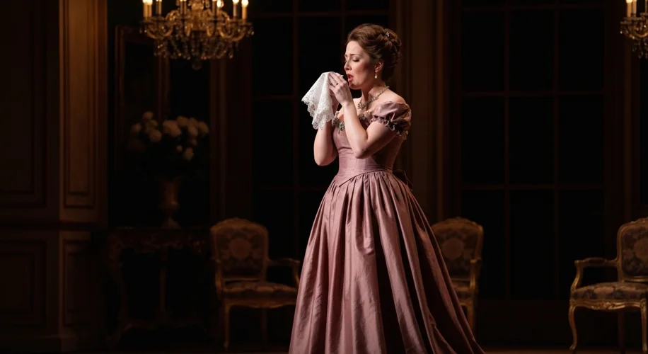 A scene from "La Traviata" opera, showing a delicate soprano in a flowing gown, coughing delicately 