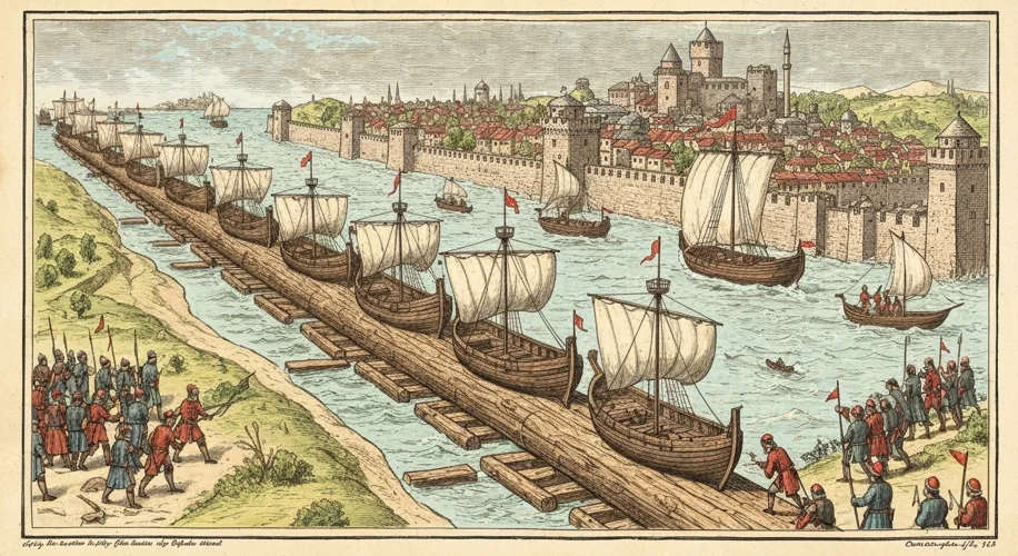 An illustration showing Ottoman ships being transported overland on greased logs into the Golden Hor