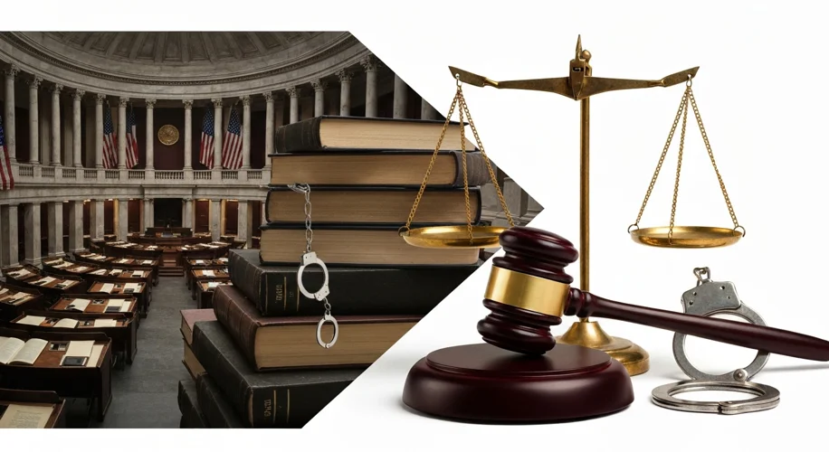 A collage showing a split image: one side depicts a symbolic representation of legislative halls and