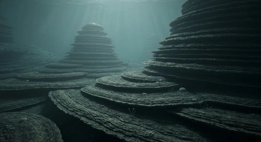 A vast, dark, and murky ocean from the Precambrian era, filled with simple, microbial mats and strom