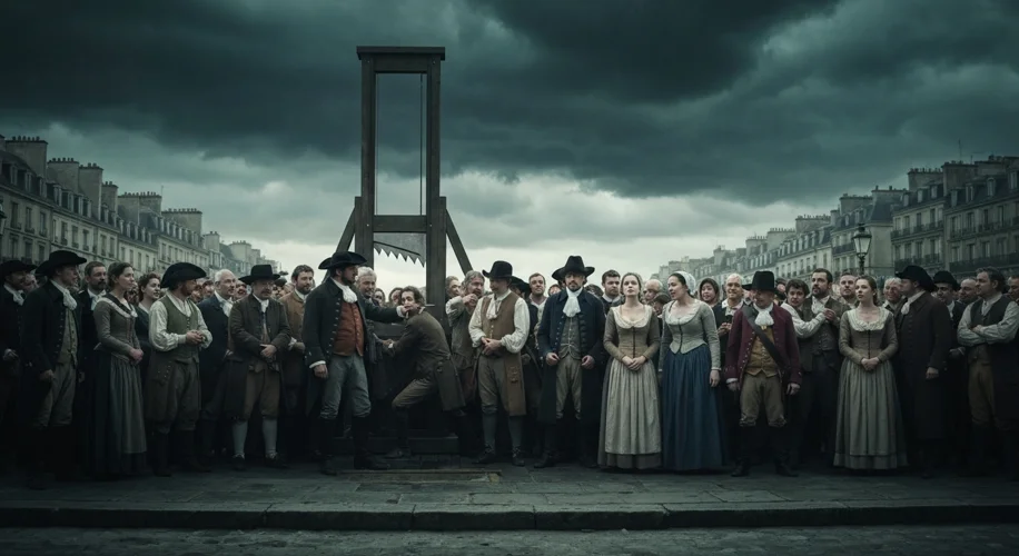A dramatic scene of the Reign of Terror, with crowds watching the guillotine in action under a storm