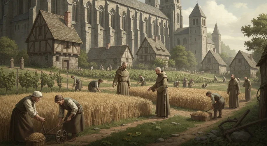 An illustration of a medieval European village with a prominent monastery in the background, depicti