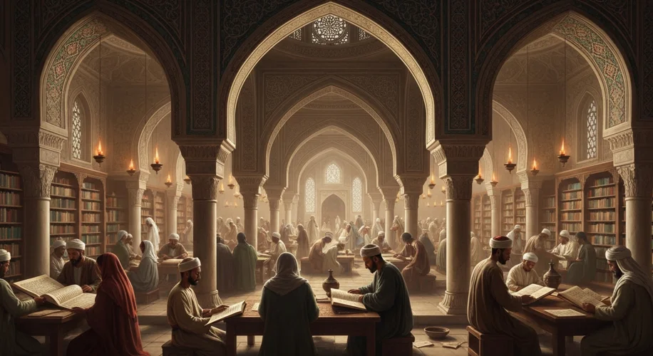 A bustling, ornate library in 9th-century Baghdad, filled with scholars of diverse backgrounds porin