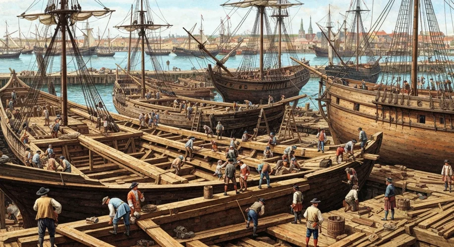 A busy 18th-century shipyard with partially constructed wooden sailing ships, workers in period clot