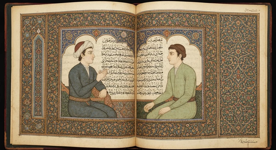 A medieval Islamic manuscript open to a page of calligraphy and miniature painting depicting two you
