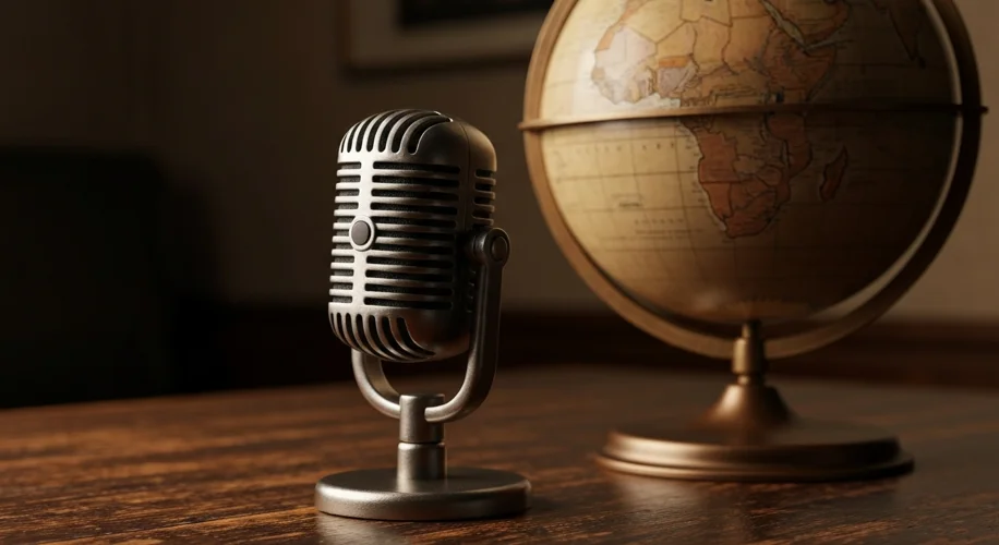 A vintage BBC radio microphone with a globe in the background, representing its global reach and his