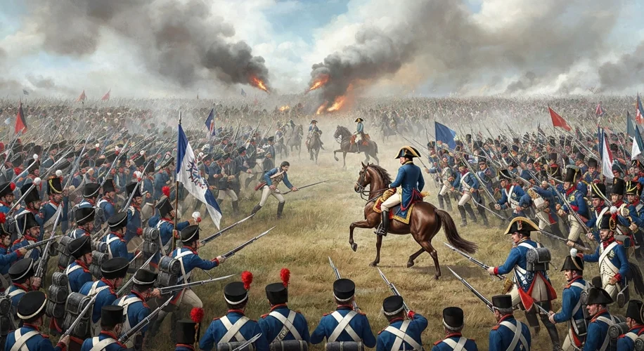 A grand battle scene from the Napoleonic era, with French troops in their distinctive uniforms clash