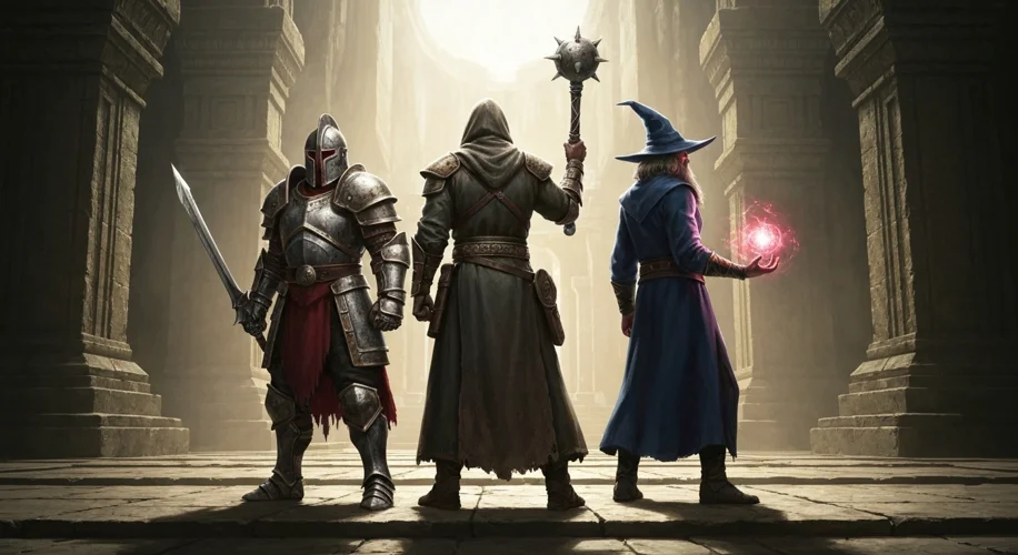 Three distinct fantasy characters – a heavily armored warrior, a robed cleric with a glowing mace, a