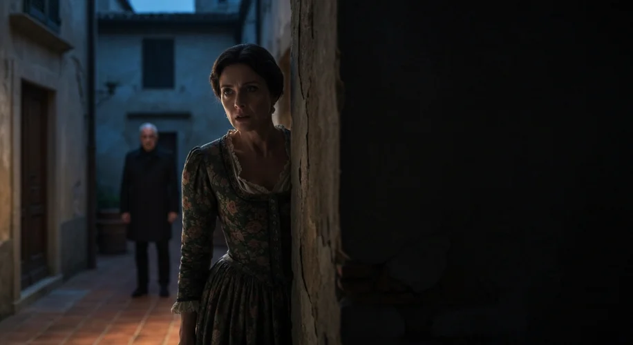 An old Italian courtyard with a woman in traditional dress looking fearful, with a stern-looking man