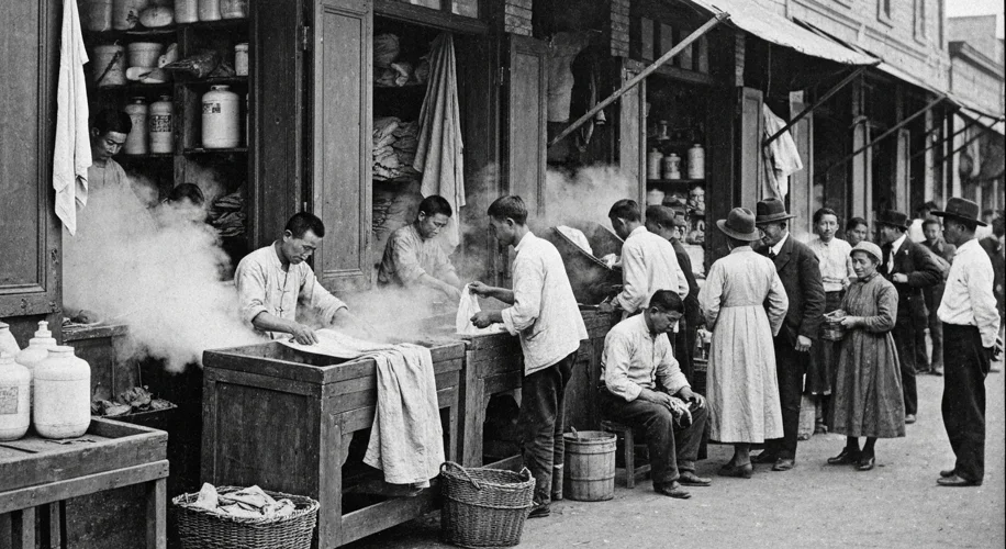 A black and white photograph depicting a bustling Chinese laundry business in a late 19th-century Te