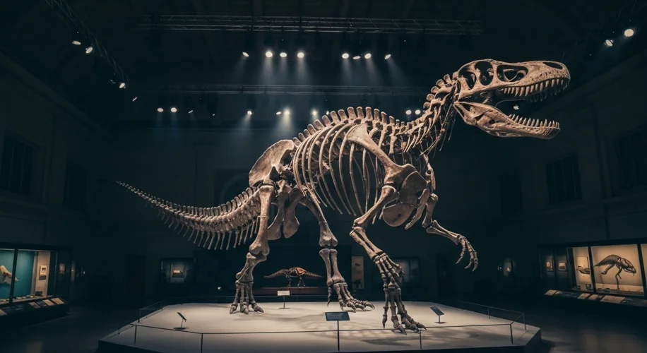 A museum hall displaying a fully reconstructed Giganotosaurus skeleton, with a smaller, similarly po