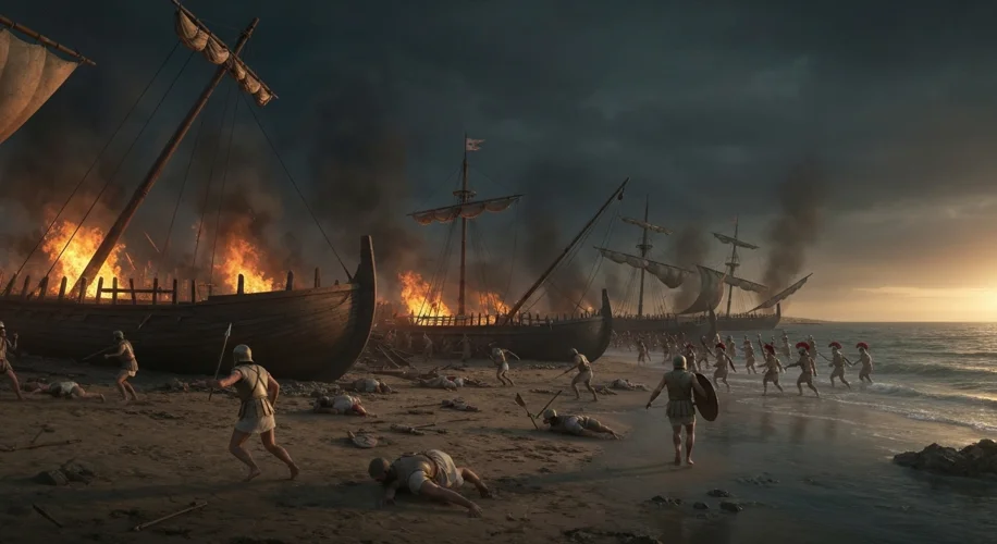 A dramatic scene of Athenian ships burning and soldiers in disarray on the shores of Sicily during t