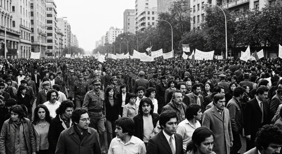 A black and white photograph of Santiago, Chile in the early 1970s, with crowds in the streets and s