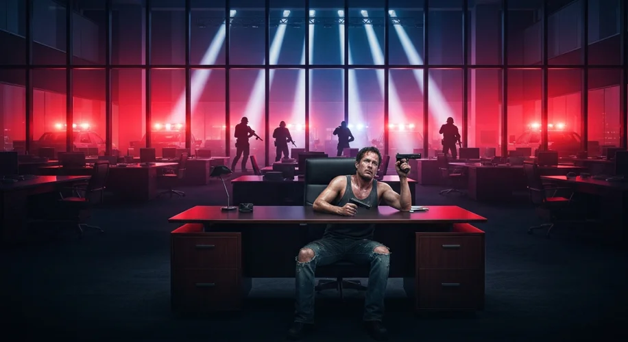 A tense scene inside a modern skyscraper at night. A lone man in a ripped tank top, looking weary bu