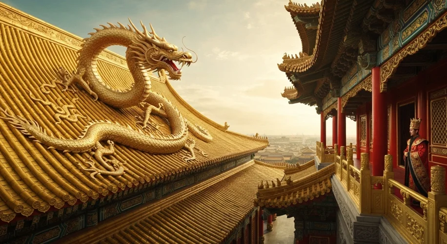 A majestic Chinese dragon coiled around a golden imperial palace, with the emperor visible on a balc