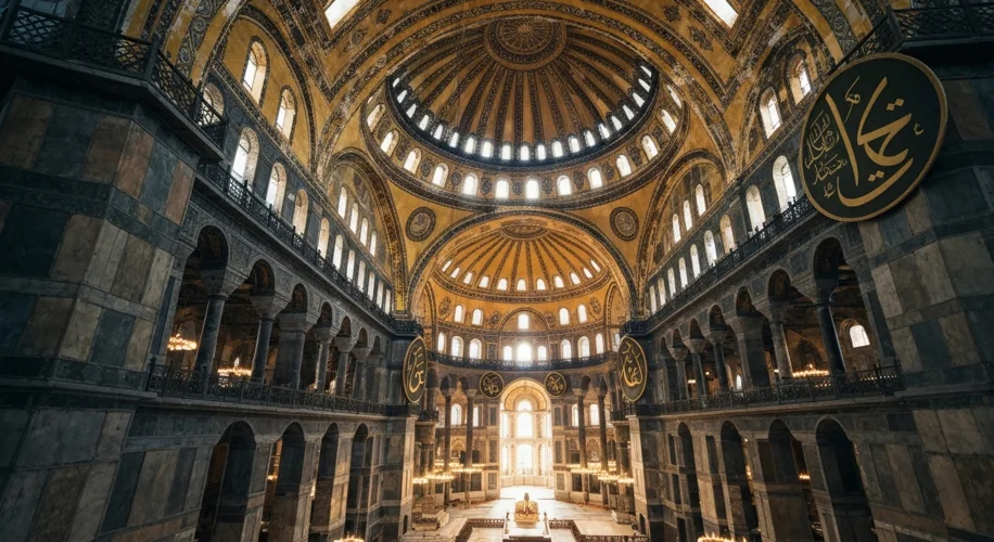 A majestic, wide-angle view of the Hagia Sophia's interior, showcasing its massive dome, intricate m