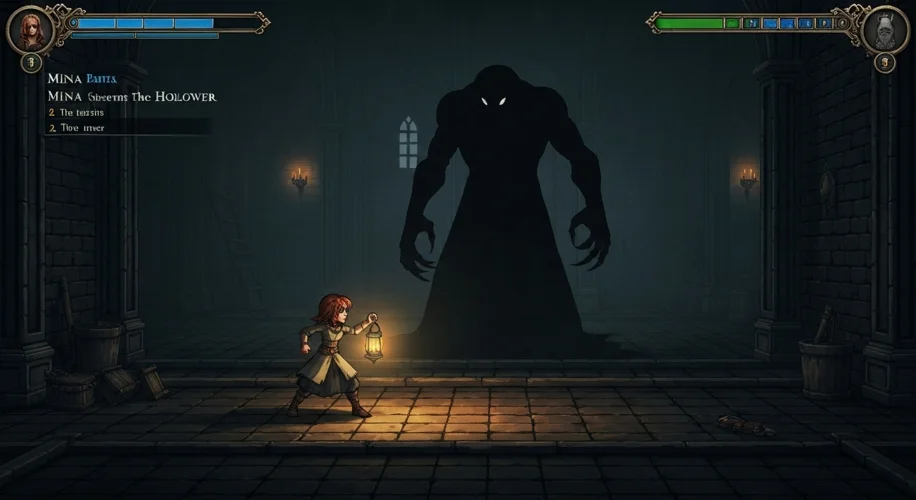 A screenshot of the video game 'Mina The Hollower' showing the protagonist, Mina, in a dark, atmosph