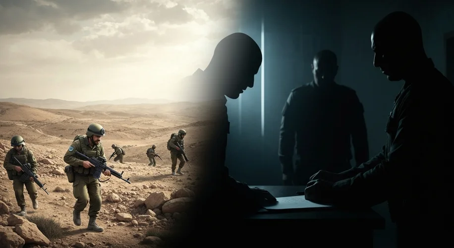 A split image: one side shows a group of Israeli soldiers searching a rugged landscape, the other si