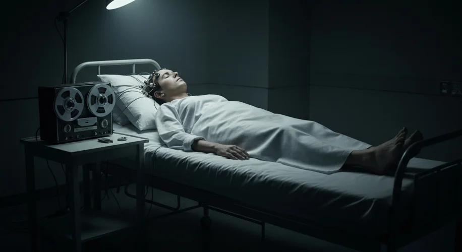 A dimly lit, sterile room in a 1950s psychiatric hospital. A patient lies on a bed, eyes closed, wit