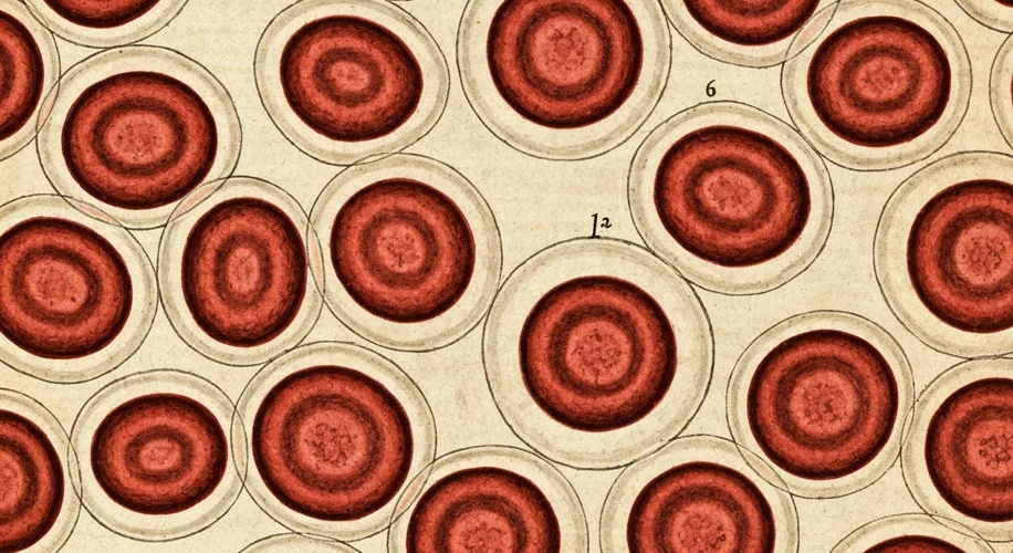 A detailed 17th-century illustration of red blood cells as seen through an early microscope, with an